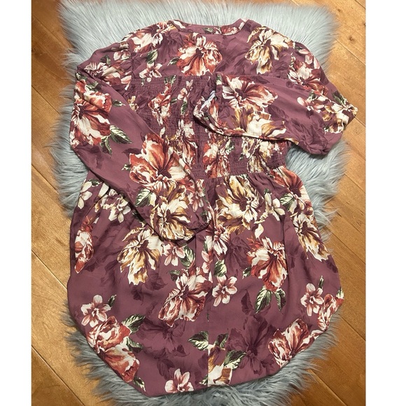 Torrid Babydoll Twill Smocked Button-Front Tunic Top Walnut Floral Size 00/10 - Picture 4 of 5